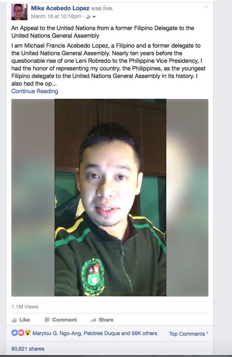 MykLopez's tweet photo. @lenirobredo, stop mass reporting blogs that reposted my appeal to UN, it's useless. Original video has 1M+ views! https://t.co/27rYQAPCd7
