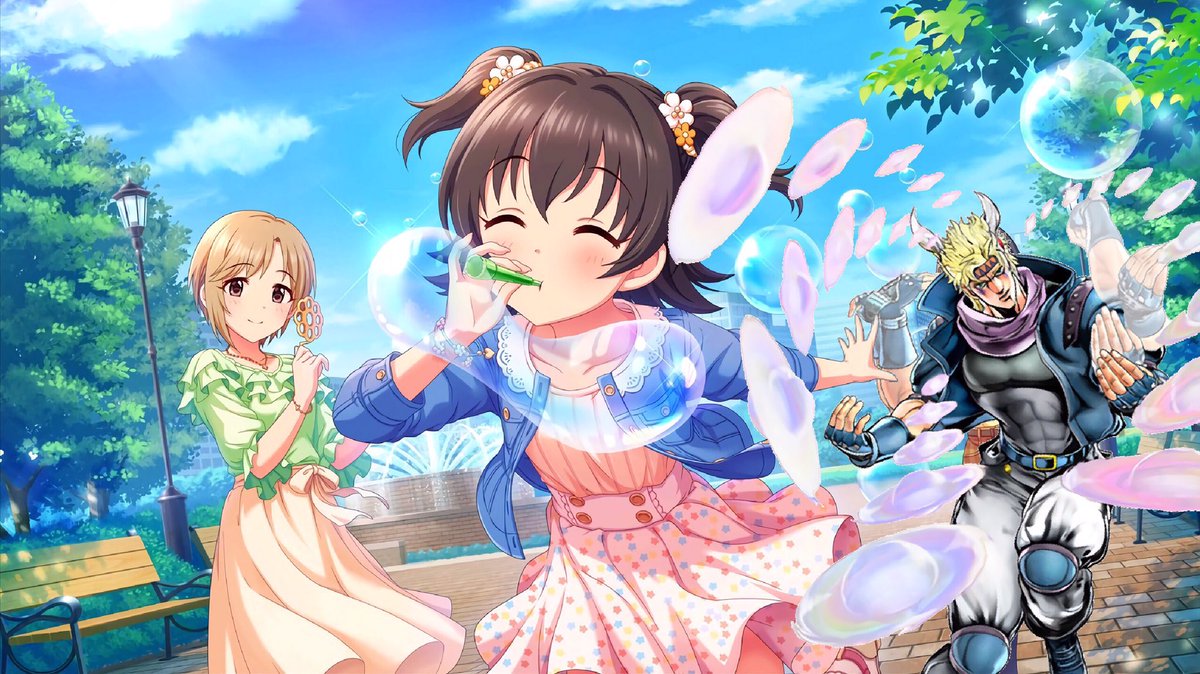 シャボン玉で遊ぶみりあちゃんと夕美とシーザー・A・ツェペリ