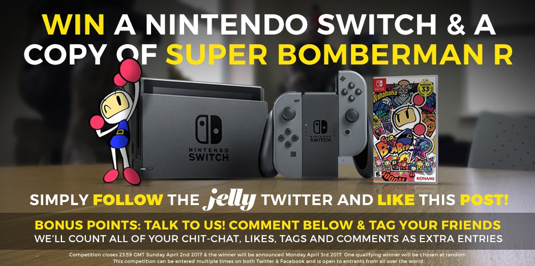 AlDaniel2's tweet image. Follow &amp;amp; RT to #win a copy of #SuperBombermanR AND a #NintendoSwitch!

You can enter on... bit.ly/jellyswitch by #willibobs71