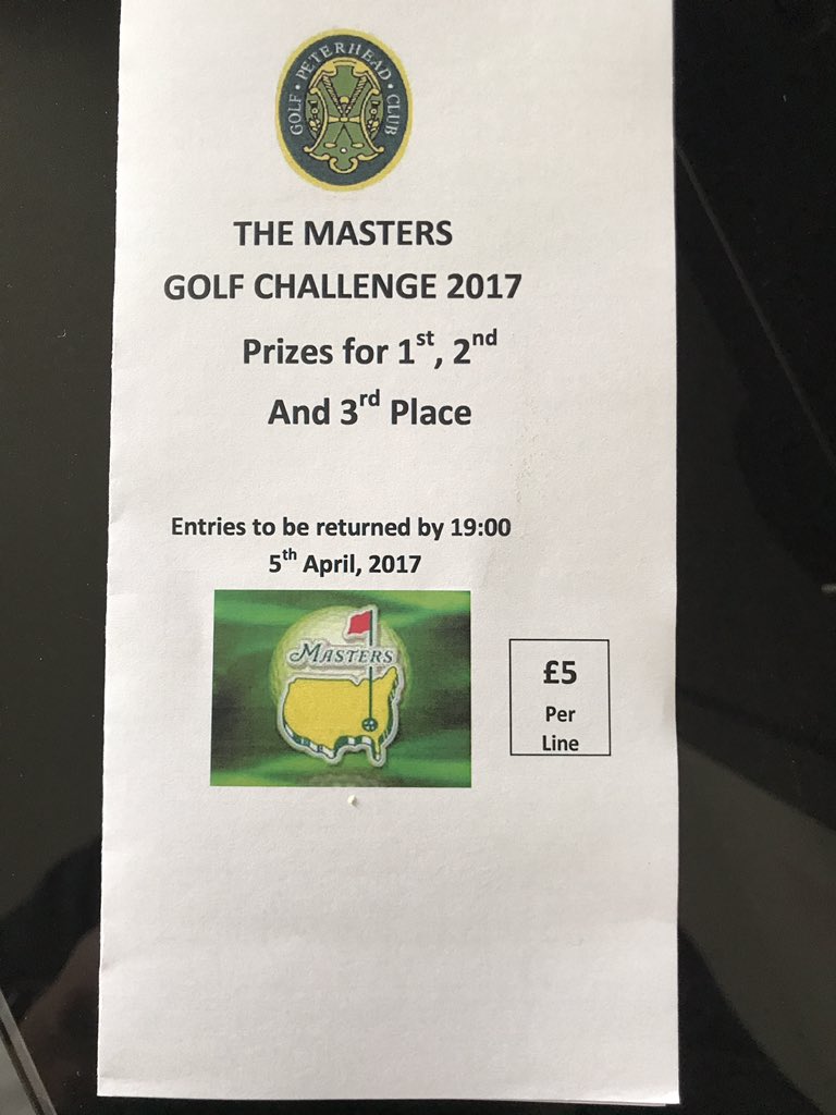 Masters Sweep reminder.............Sweepers can be collected from the Golf Club.