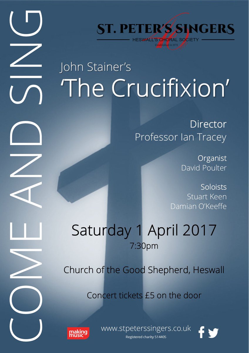 No plans for tonight? Prof. Ian Tracey conducts 'Come &amp; Sing' performance of The Crucifixion. Only £5 on the door!