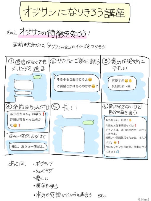 『オジサンになりきろう講座』

これを見れば、オジサンの文章を作ることができます。
このツイートのリプライ欄であなたのオジサンの文(クソリプ)を待ってます。

#おじさんあるある
#あるある
#すれみ1日1絵 