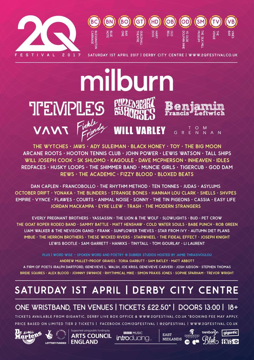 OsfestDerby's tweet photo. @OsfestDerby 2017 bands appearing at today's 2Q festival in Derby. Team OSFEST will be there! 😎 @EyreLlew https://t.co/CDjPM8XI8q