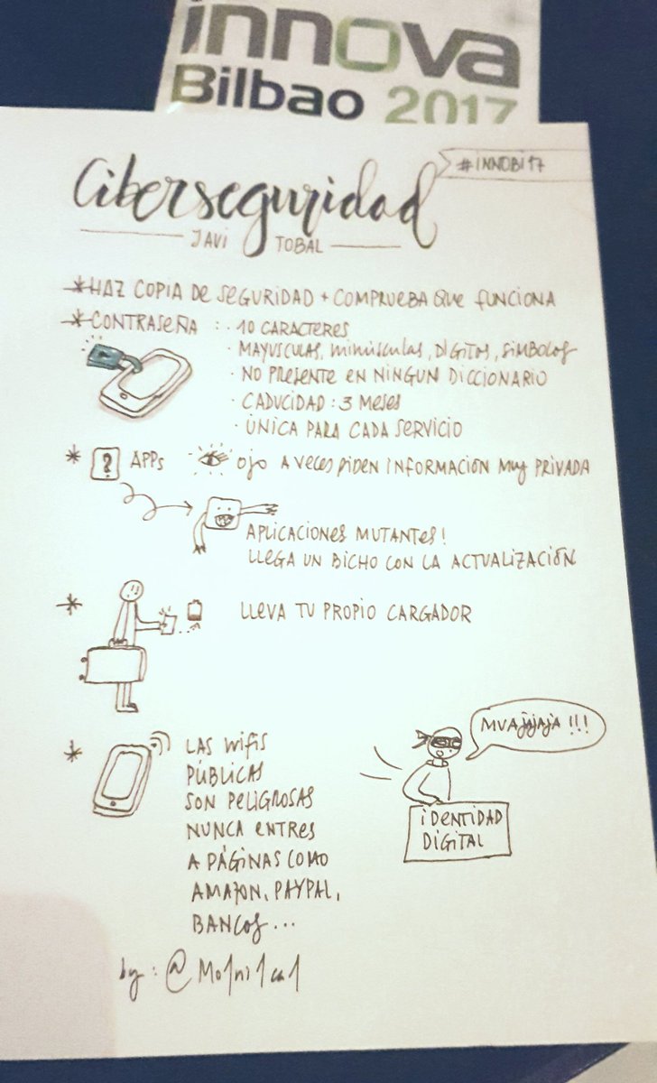 Mo1ni1ca1's tweet photo. Consejos de ciberseguridad de @JaviTobal en #innobi17 #sketchnote #graphicrecording https://t.co/wduKxvAeNV