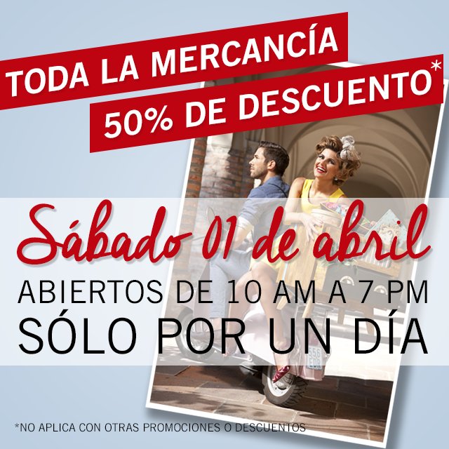 Solo por hoy 50% de descuento en toda nuestra mercancía.