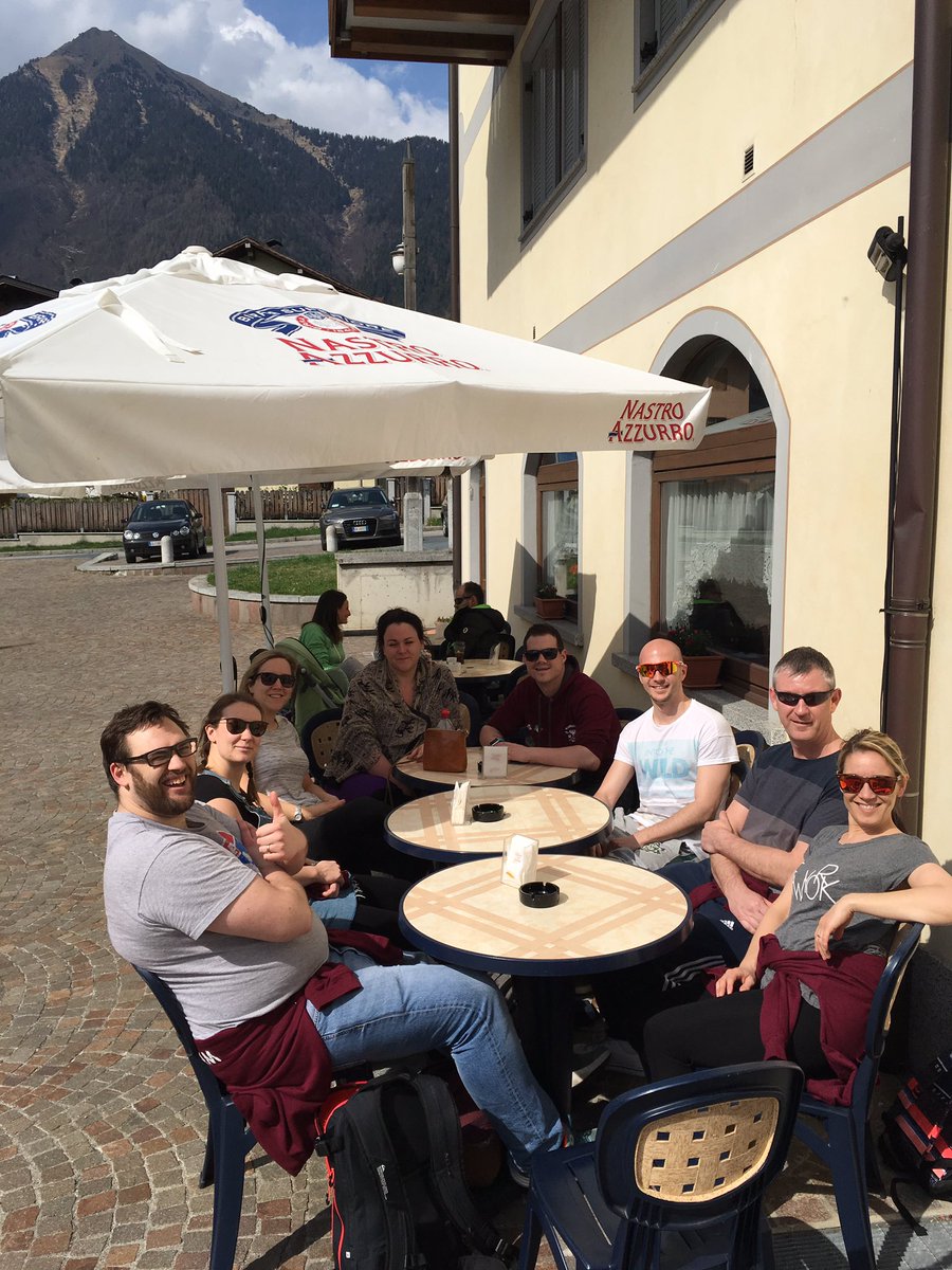 TomlinscoteSch's tweet photo. Teachers and students are happy to have arrived in Pinzolo! Let's hope it's colder up the mountain. #tomlinscoteski17 @tomlinscoteski https://t.co/B12udyrfPQ