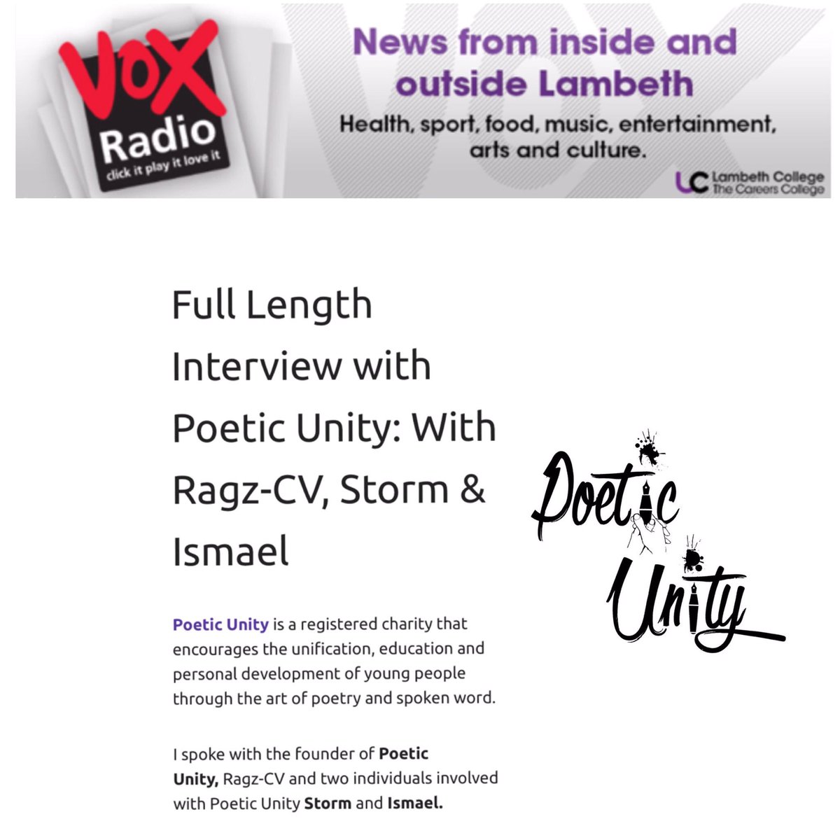 Poetic_Unity's tweet photo. Thank you to @voxradiolambeth for interviewing some of our team you can listen bk via https://t.co/teDvcp82t6 #PoeticUnityRadioTour #Date18 https://t.co/5xFTwWb38N