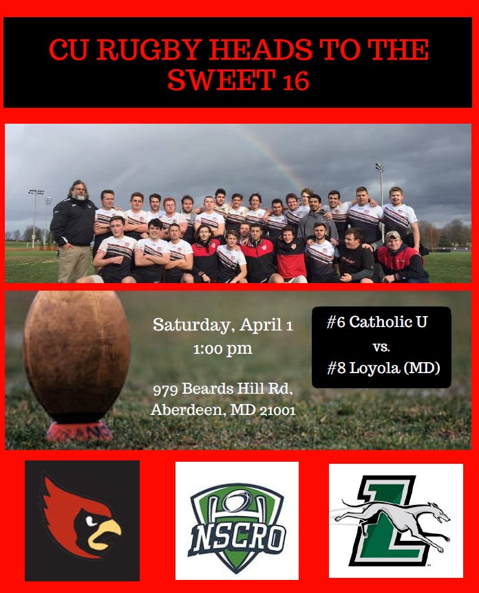 CatholicU_Cards's tweet photo. Good luck to the Club @CUARugby Team today in the Sweet 16 against Loyola at 1pm! https://t.co/bOtsp0ZnBn