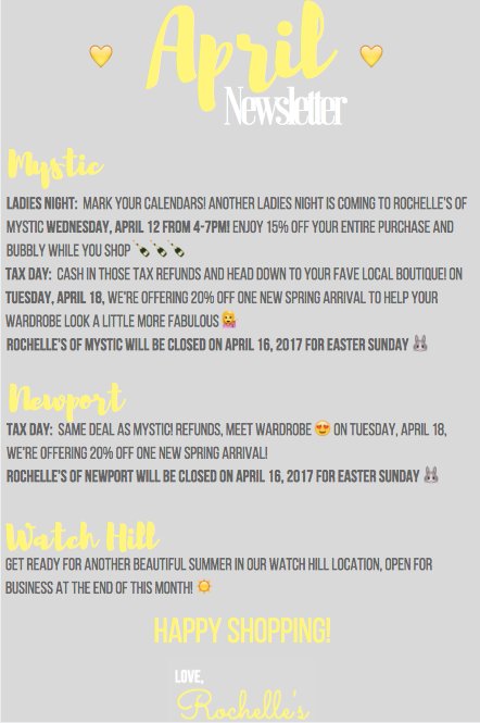 RochellesStyle's tweet image. Oh hi, April 😍 Here's the can't-miss deals happening at your fave local boutique this month! srtl.co/91z