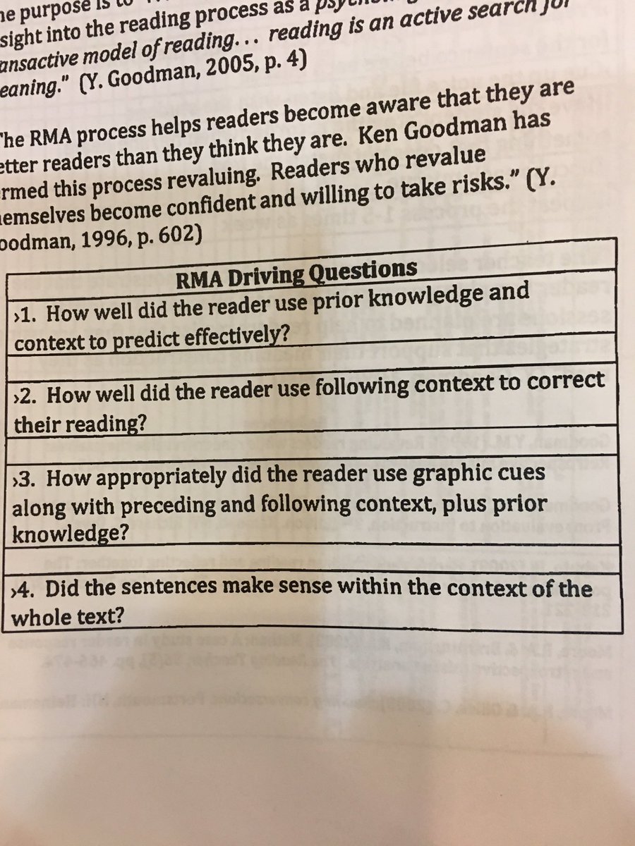 TamraDollar's tweet photo. Retrospective Miscue Analysis (RMA): 4 driving questions that focus on meaning. #spicola17 #literacy #MiscueAnalysis https://t.co/PyQmh6WPGy