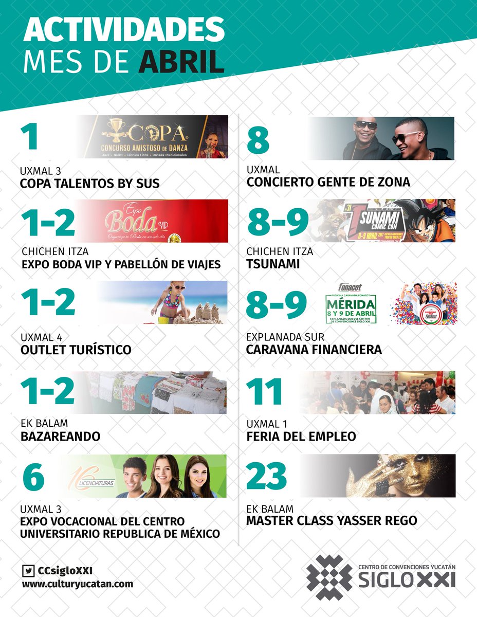 Te presentamos los eventos del mes de #abril en el Centro de Convenciones Yucatán Siglo XXI
¡Comparte y asiste!