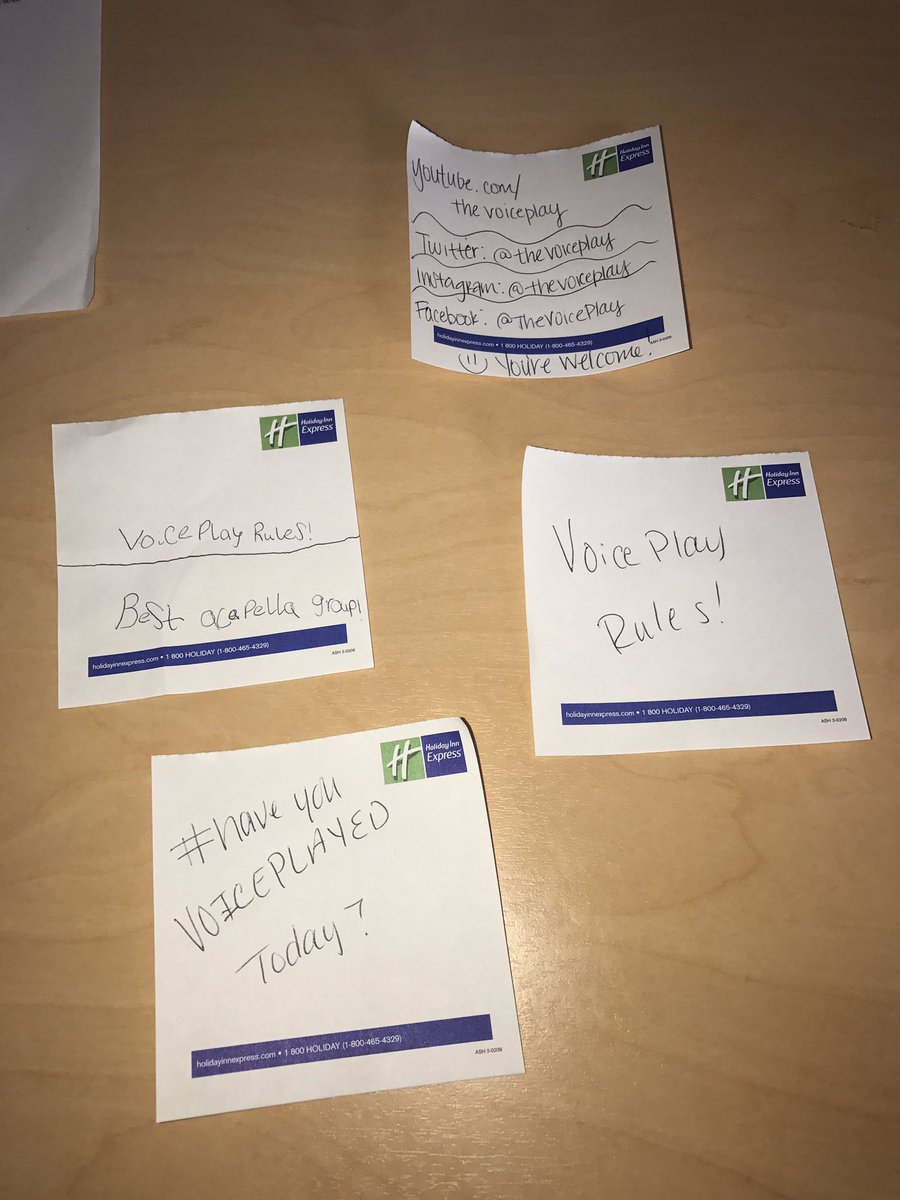 Smashley087's tweet photo. This is how VoicePlayas leave hotel rooms after a VoicePlay show. 
Randomly placed notes of happy. ;-) https://t.co/D7wNG2jWwr