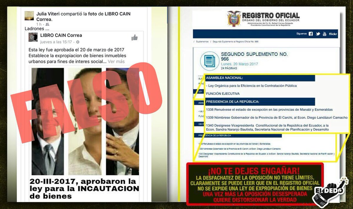 ELDEDOec's tweet photo. La oposición sigue insistiendo en la misma mentira. No se ha expedido ninguna ley de incautación de bienes. ¡No te dejes engañar! https://t.co/bix0zaipNA