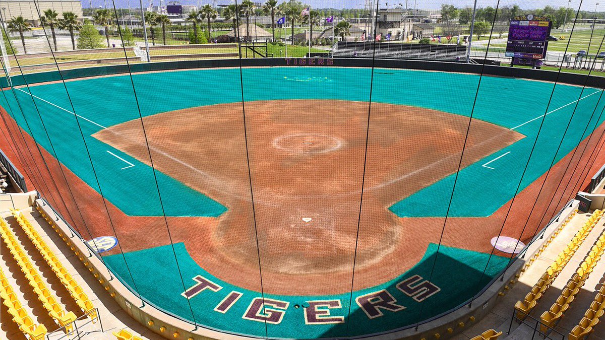 LSUsoftball's tweet photo. Our grounds crew got a little excited for our Strikeout Ovarian Cancer game tonight. Come see it in person at 6pm, LSU vs Miss St! #tealgame https://t.co/e5tmiLXBHF