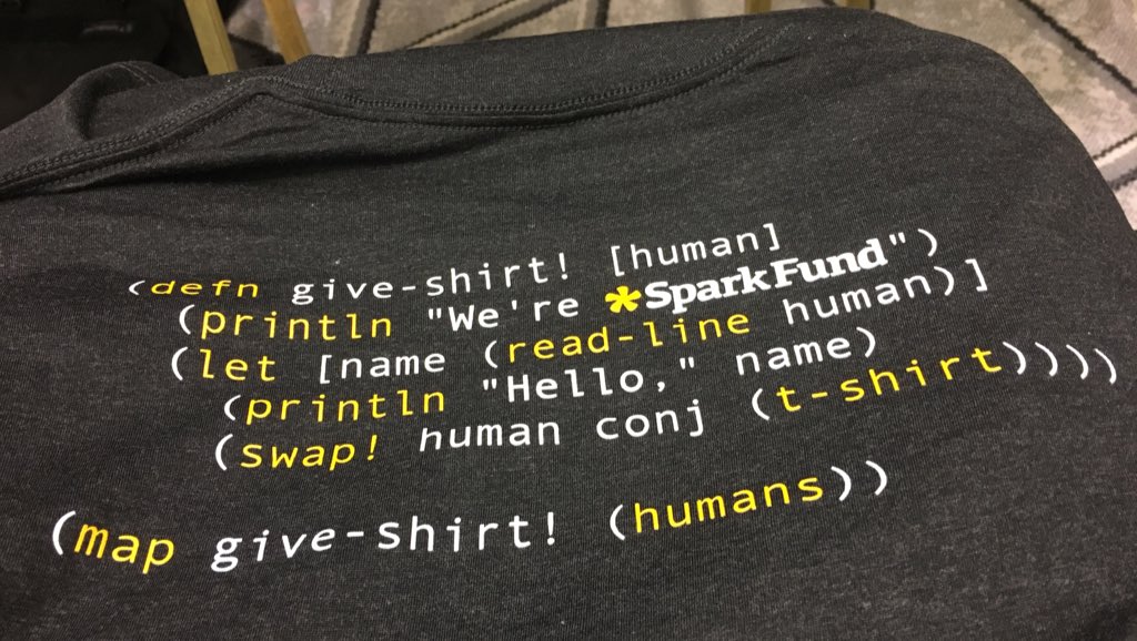 nicoberger's tweet image. And the &quot;Best T-shirt&quot; prize goes to.....

@sparkfunder! #clojurewest