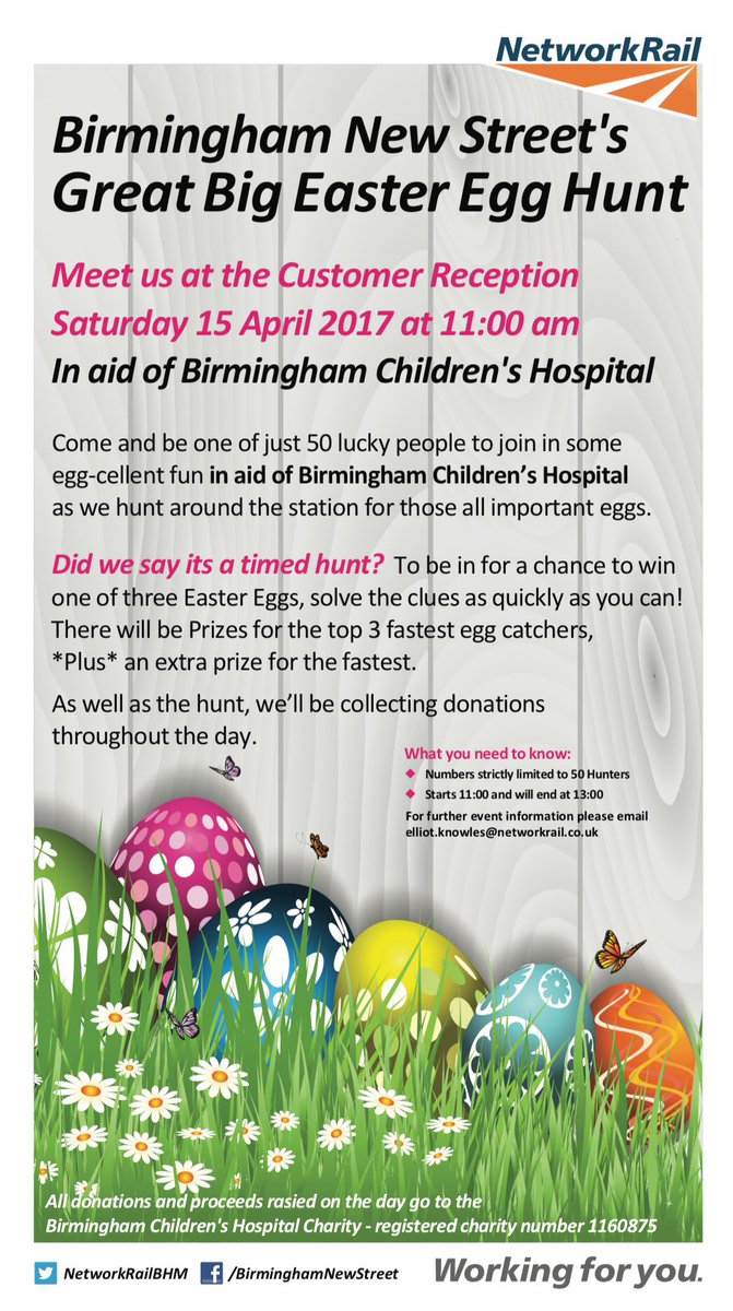 NetworkRailBHM's tweet image. 🐣 B'HAM NEW ST EGG HUNT🐣 

Spread the word! We have some Great prizes donated from @VirginTrains &amp;amp; @CrossCountryUK 

Details Below ⬇️ ^EK