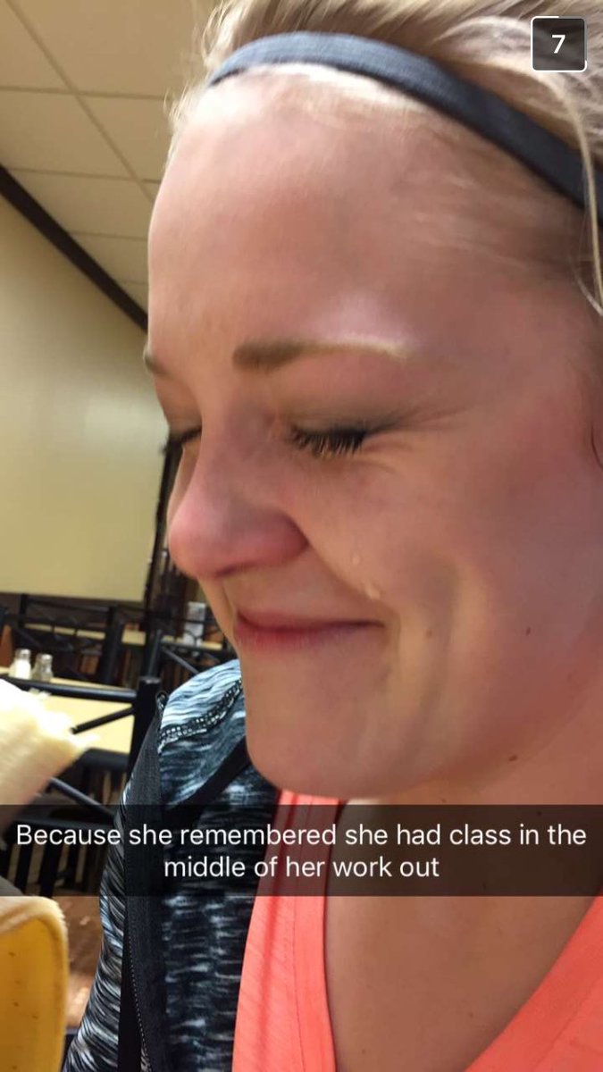 WhyEmilyCries's tweet image. Because she remembered she had class in the middle of her workout