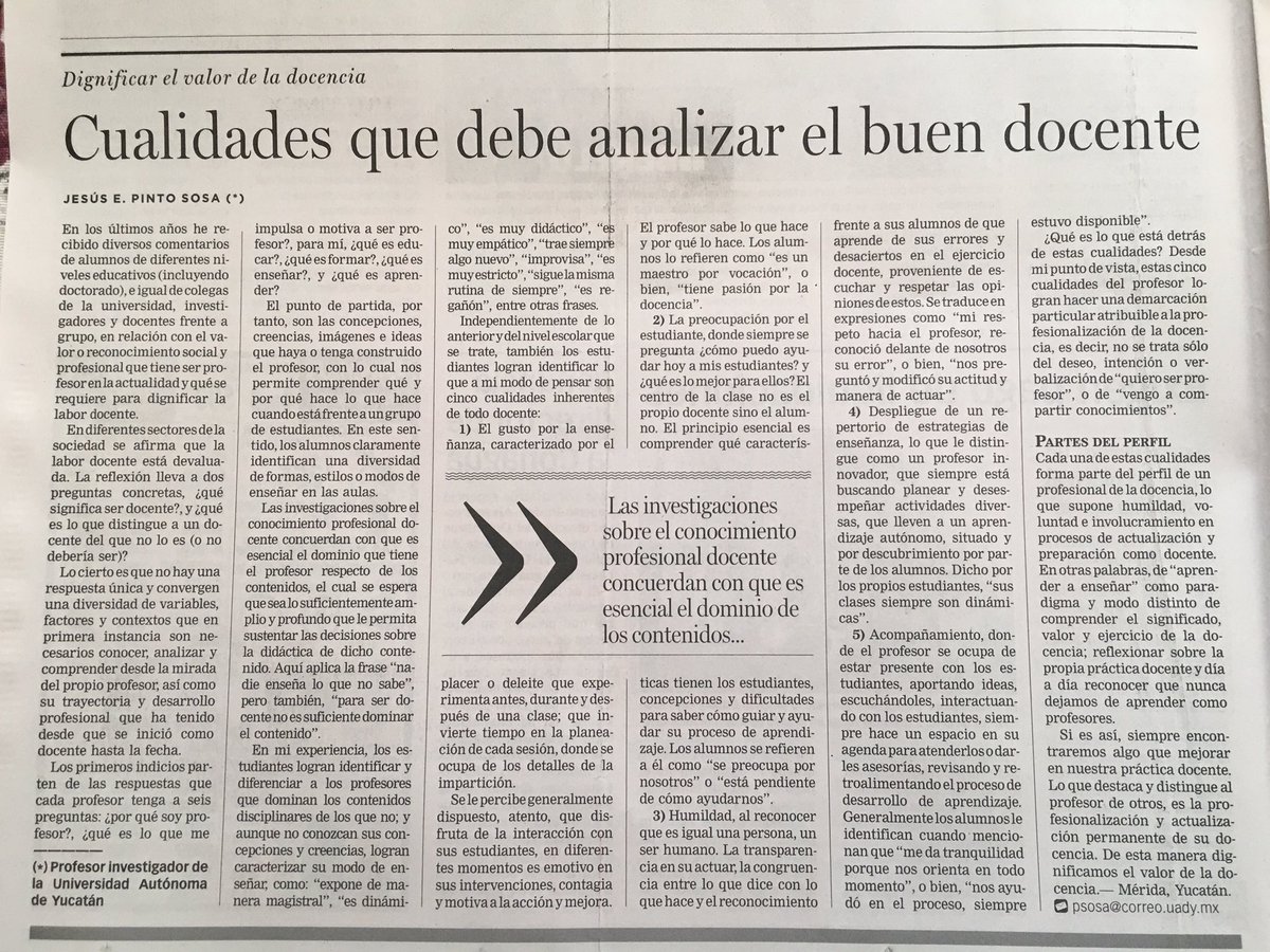 SerProfesor's tweet photo. Aquí les comparto una breve reflexión sobre la necesidad de profesionalizar la docencia, publicado en el @DiariodeYucatan https://t.co/Ifj1Iv9xas