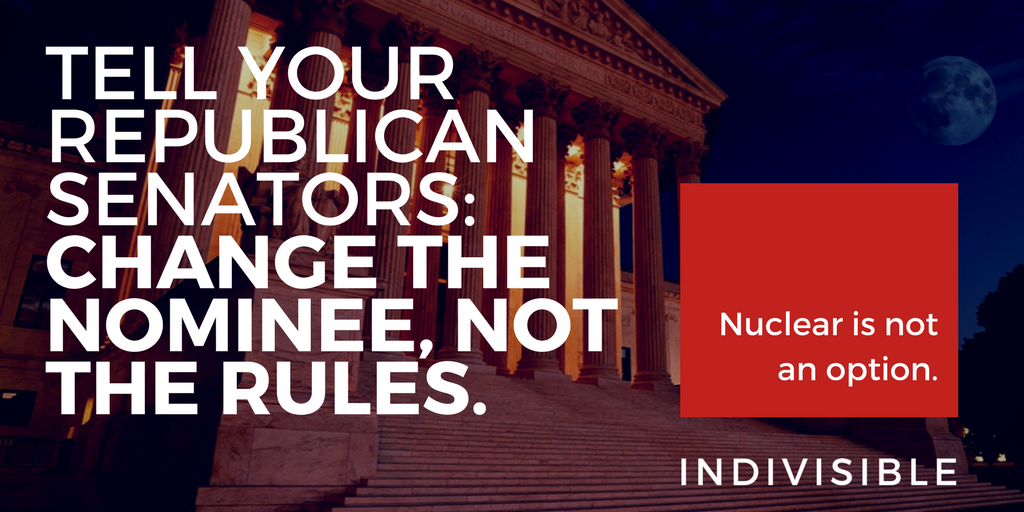 IndivisibleTeam's tweet photo. If you can't get 60 votes, the problem is your nominee, not rules based on 230 years of Senate precedent. #WeObject
https://t.co/npZJdtGWo6 https://t.co/pT6uNUYhc5