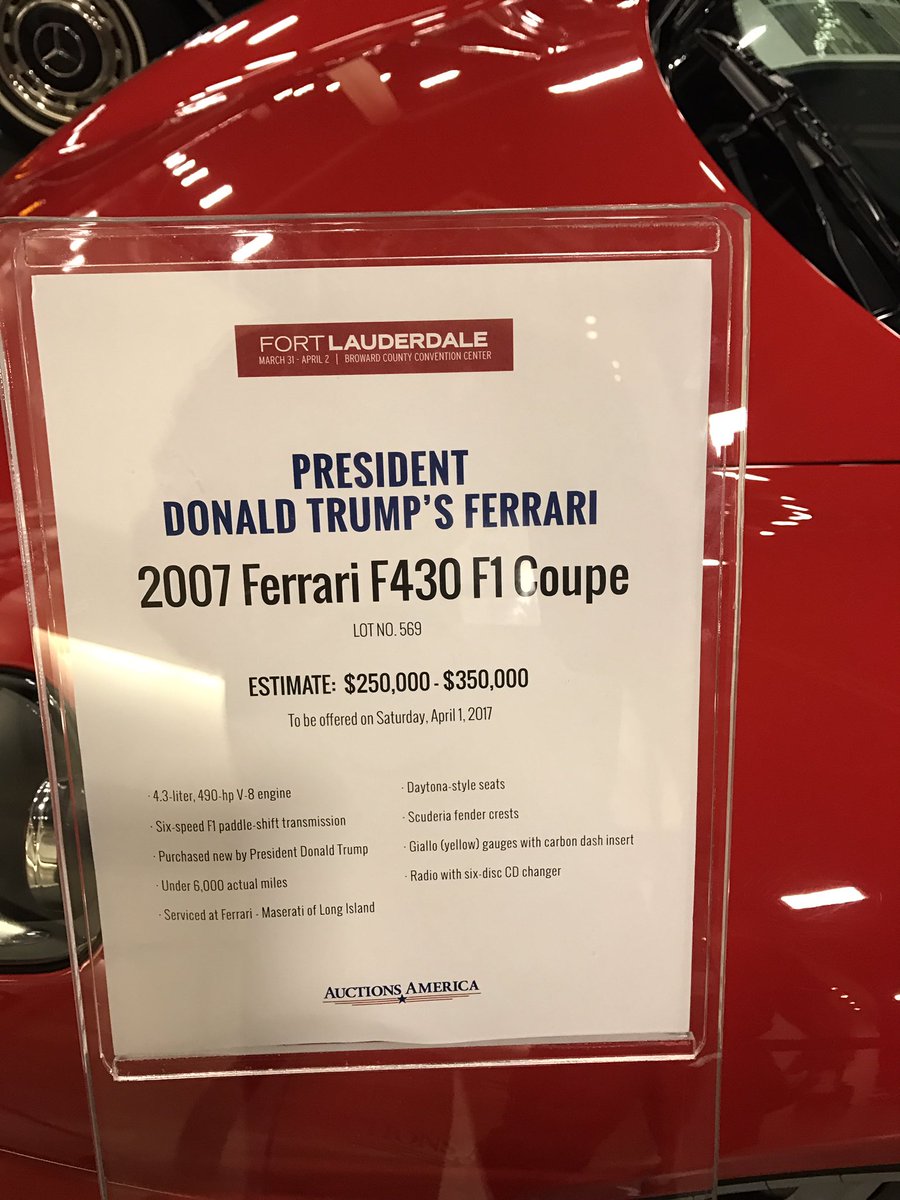 DJ Trump Ferrari just announced sold post block. High bid was $245k, plus 10% commission #Hagerty #Aafortlauderdale