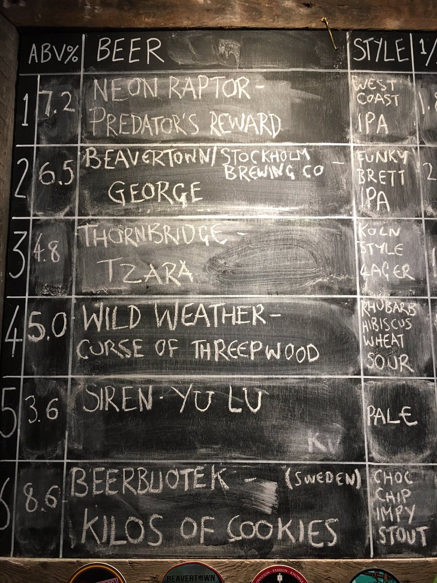 Now serving great 🍺 from <a href="/neonraptorbrew/">Neon Raptor Brewing Co.</a> <a href="/BeavertownBeer/">Beavertown Brewery</a> / <a href="/SthlmBrewingCo/">Stockholm Brewing Co</a> @Thornbridge <a href="/WildWeatherAles/">WildWeather</a> <a href="/SirenCraftBrew/">Siren Craft Brew</a> and <a href="/beerbliotek/">Beerbliotek</a> 🍻😋
