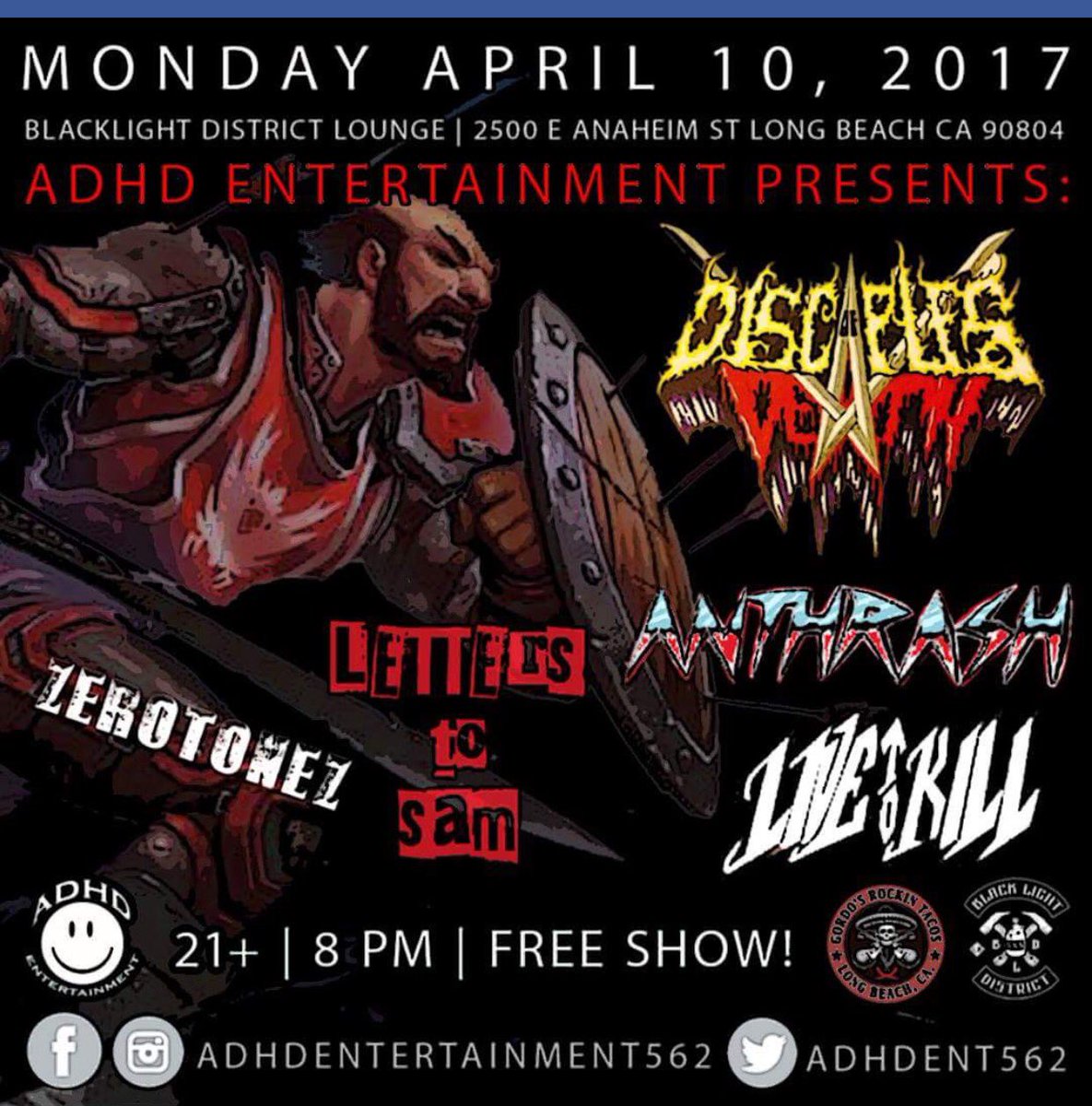 LiveToKillBand's tweet photo. April 10 at The Blacklight District Lounge! Come down &amp; support!! #LiveToKill #Metal #Punk #LongBeach #LiveMusic https://t.co/PzbYW4CRUY