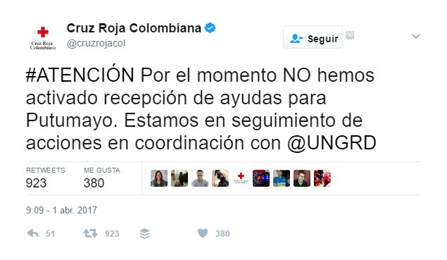 #Colombia ¡Atención! La Cruz Roja Colombiana reitera que aún NO se han activado recepción de ayudas para Putumayo. Evite fraudes.