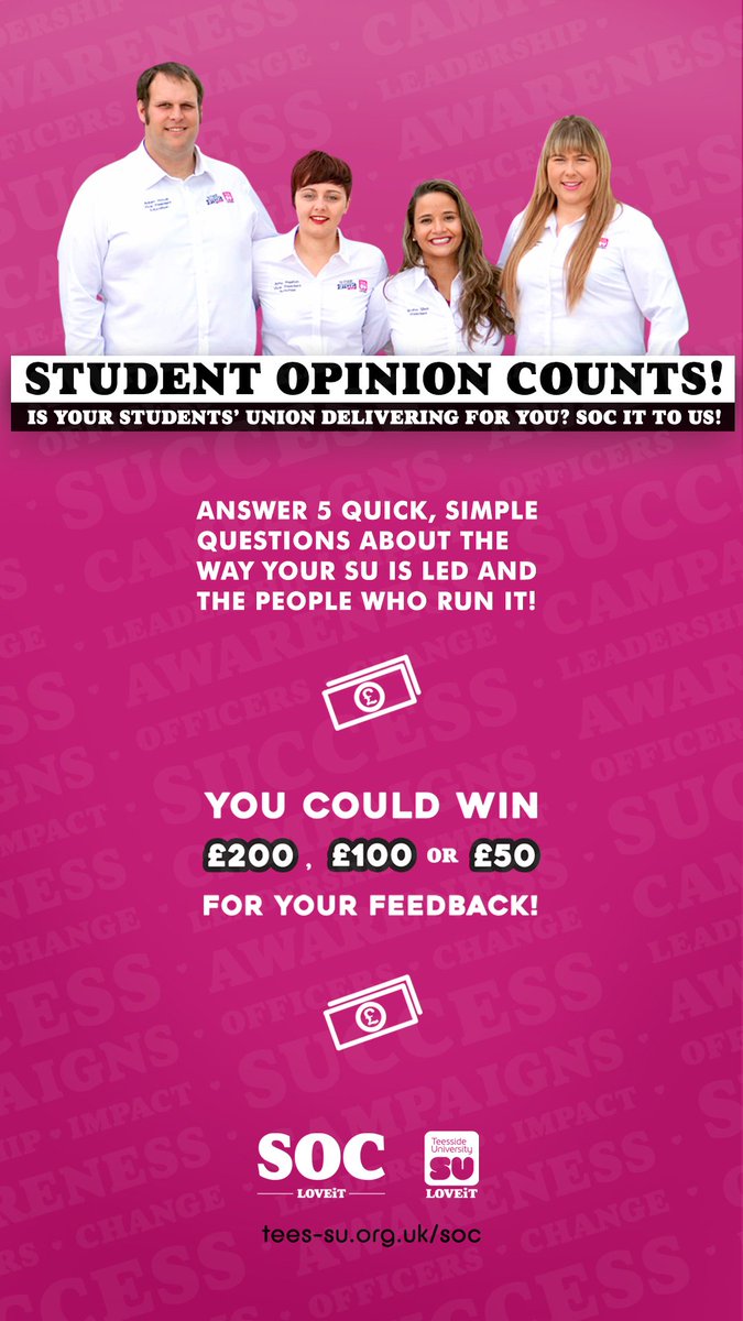 What impact has the SU had on your student experience? Tell us now and win up to £200! tees-su.org.uk/soc