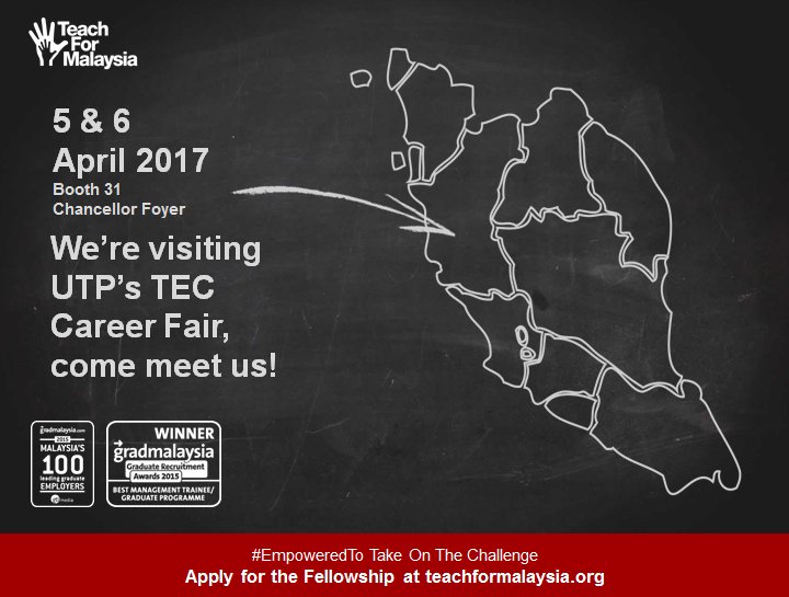 Hey UTPians, Teach For Malaysia is making a return to UTP this year in April's TEC Career Fair! Check them out on Booth 31, TEC. See ya