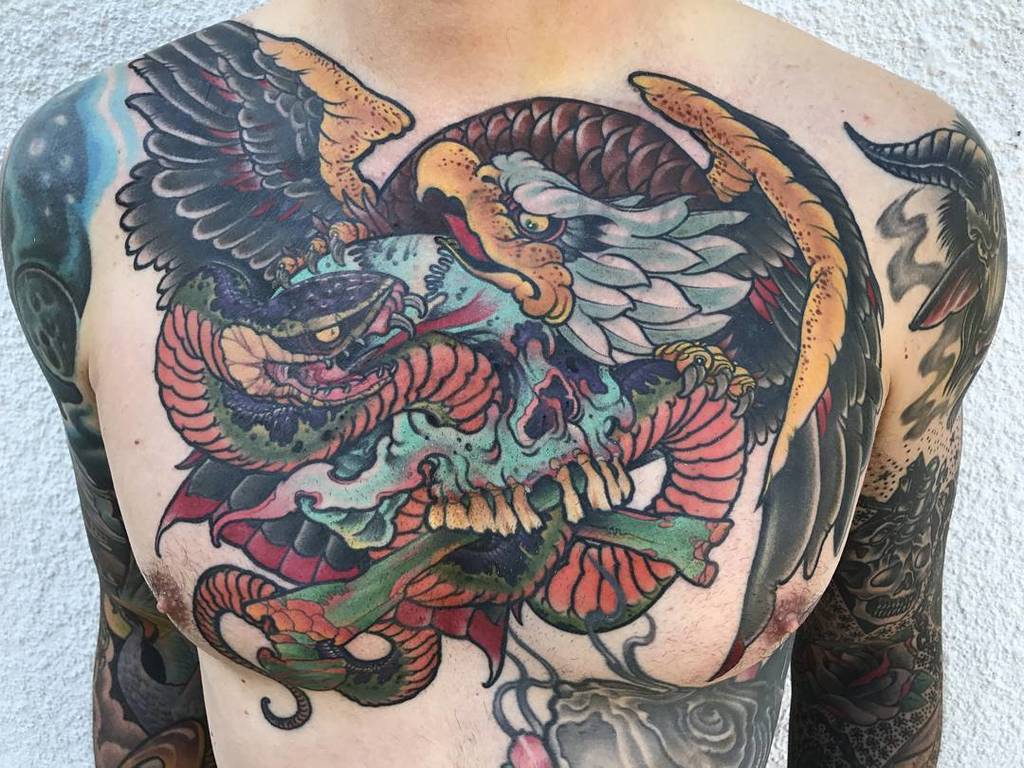 Snake Chest Eagle Tattoo by XK Tattoo