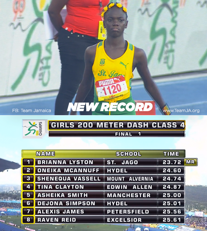 TeamJA876's tweet photo. Another RECORD has fallen! Brianna Lyston clocks 23.72 to WIN GOLD in Class 4 Girls 200M FINAL. #Champs2017 🇯🇲 https://t.co/bcasepnraP