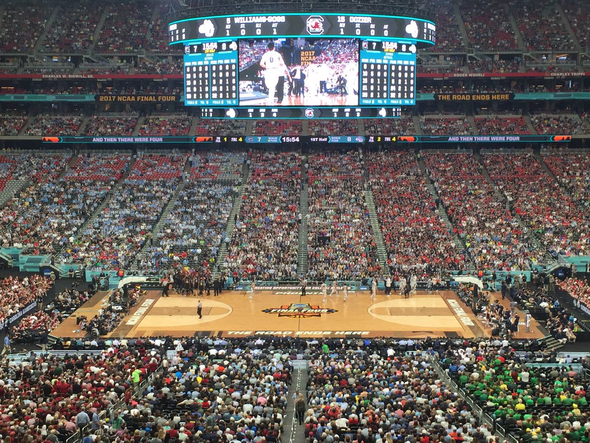 StateFarmStdm's tweet photo. Who will take game 1 of the National Semifinal and advance to Monday night...South Carolina or Gonzaga? #NCAA #FinalFour #TheRoadEndsHere https://t.co/26OEDveLG7
