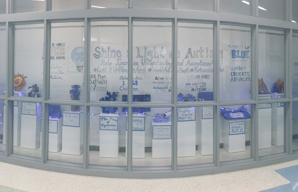 HHSCeramix's tweet photo. Partnership in Art students #lightitupblue with their artwork at Hanover High School for #WorldAutismAwarenessMonth.💙💙@autismspeaks 💙💙 https://t.co/bzrcmejyW4