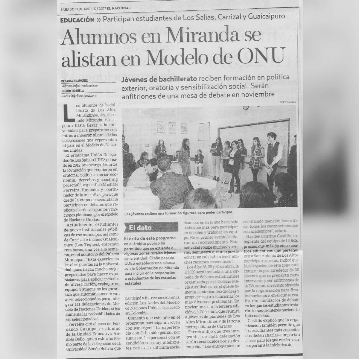 _UDES_'s tweet image. La UDES inicia abril apareciendo en el periódico El Nacional. ¡Muchas gracias a Betania Franquis, @ingridpilar y a @ElNacionalWeb!