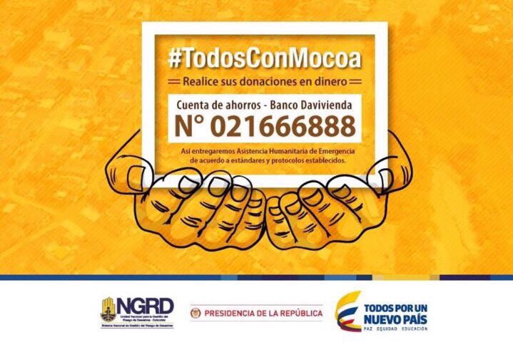 Tutina_deSantos's tweet image. #TodosConMocoa donaciones en la cuenta de ahorros del Banco Davivienda 021666888 Titular: Fiduciaria la Previsora S. A. Nit: 8605251485