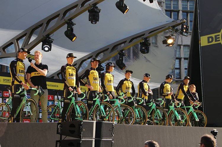 cyclingnieuws1's tweet photo. The riders of @LottoJumbo_road on the start podium for the Ronde van Vlaanderen #rvv https://t.co/jexBez7VsV