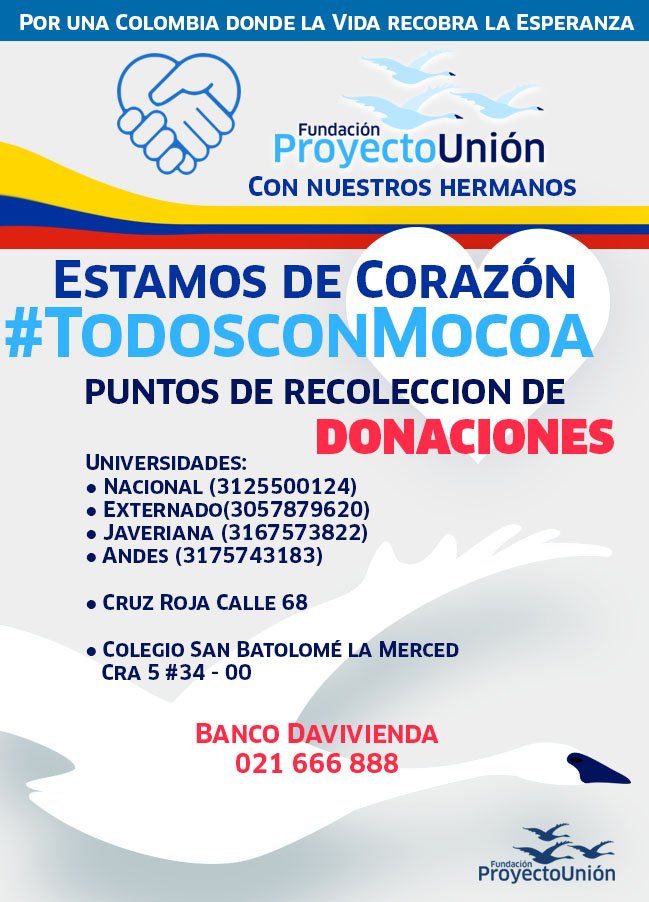 proyectounion's tweet photo. Con Nuestros Hermanos, de Corazón #TodosconMocoa https://t.co/O2JkWgq5Yv