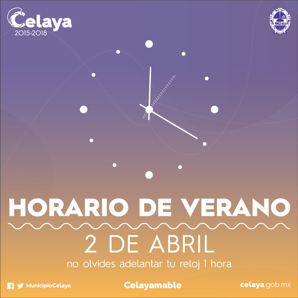 municipiocelaya's tweet photo. Este 2 de abril ¡No olvides adelantar tu reloj una hora! #HorarioDeVerano #Celaya #Celayamable https://t.co/5uPnHQ0maP