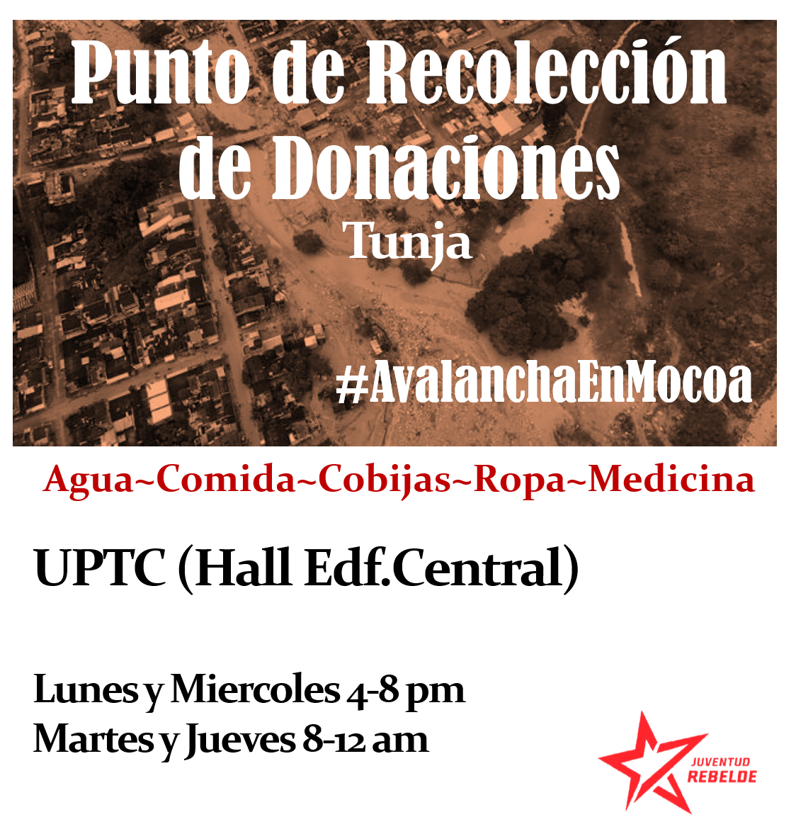 #MocoaSomosTodos
Esta semana nos solidarizamos con la ciudad de Mocoa , se necesitan:
- Agua
-Alimentos NO perecederos 
-Cobijas
-Medicinas