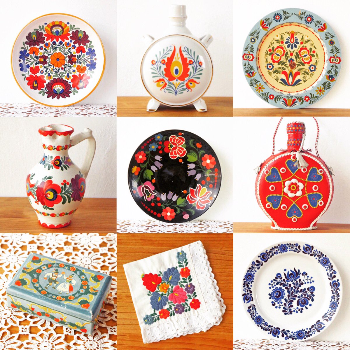 ハンガリーの絵皿・フラワーベース・置き物。ドイツのヴィンテージ缶