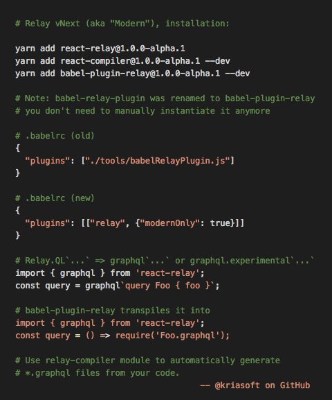 koistya's tweet image. Relay v1.0.0 preview is available on NPM, it's time to learn the new API #reactjs #relayjs #graphql