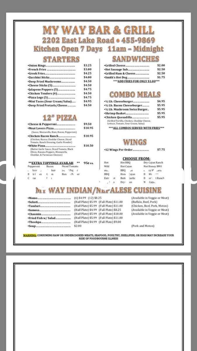 JasonAmendola1's tweet photo. Check out our Menu!!!! Great food for everyone to enjoy! We take pride in the food we serve at My Way Bar And Grill. https://t.co/obeqLwVWMW