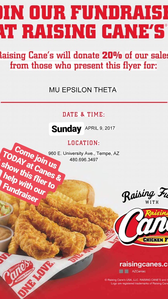 MuEp_ASU's tweet photo. Who doesn't love Canes and supporting a good cause?! Stop by and show them this flier anytime today! https://t.co/sZOVYyxt01