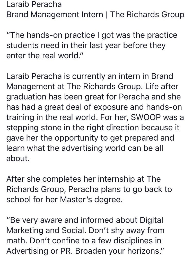 SWOOPagency's tweet photo. #SWOOPAgency Alumni update! We love hearing from past SWOOPers like Laraib Percha https://t.co/0RtRAa0302