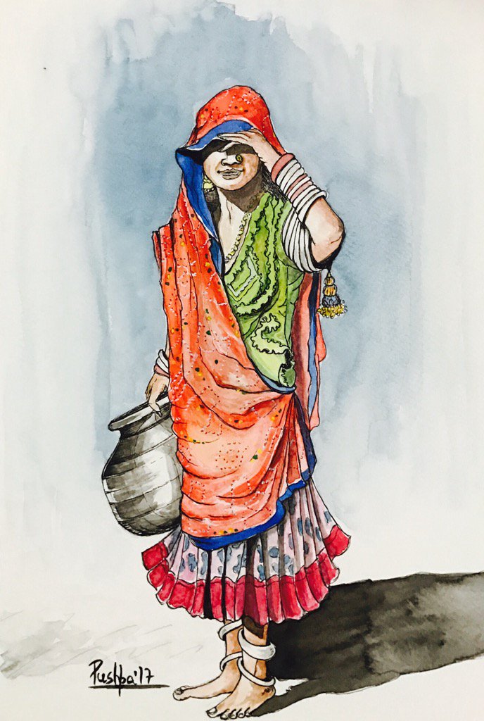 chaanddev's tweet photo. "Waiting" watercolor and ink pen on paper by Pushpa Sharma https://t.co/BXXXpkMrx0