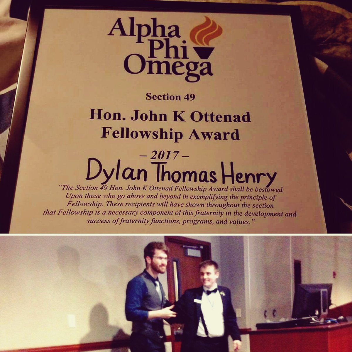 APOBetaPsi's tweet photo. Dylan Thomas Henry is the 1st alumni recipient of the John K Ottenad Fellowship award. Beta Psi is proud! 💙 💛  @APOGatewyAlumni @APONatPres https://t.co/H6J2fCKwxt