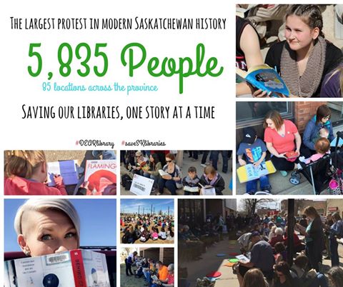 laureenmarchan1's tweet photo. April 7/17 the biggest Sask protest in a generation - 5835 people in 85 locations! #saveSKlibraries #dearsask #skpoli https://t.co/5TtxwZuXpW