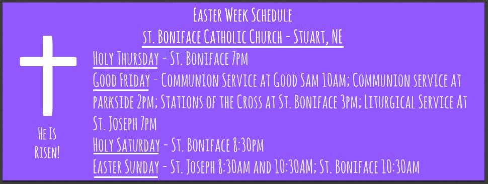 StBonStuartNE's tweet photo. Join us for Easter Week at St. Boniface! Holy Thursday through Easter Sunday (April 13-16, 2017) #StBonStuartNE #StuartNE #Catholic #Easter https://t.co/8qc5kI9HyV