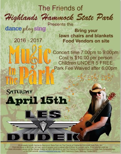 FLStateParks's tweet image. Apr. 15: Jam out with Southern Rock guitarist, Les Dudek, at Highlands Hammock   from 7 p.m. – 9 p.m.  ht.ly/W0tR30aCWLw