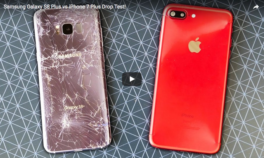 TalkAndroid's tweet photo. Here's what happens when you drop the Samsung Galaxy S8+ and the Apple iPhone 7 Plus at the same time https://t.co/OcVVnBgwFY https://t.co/7PQMnWt45p